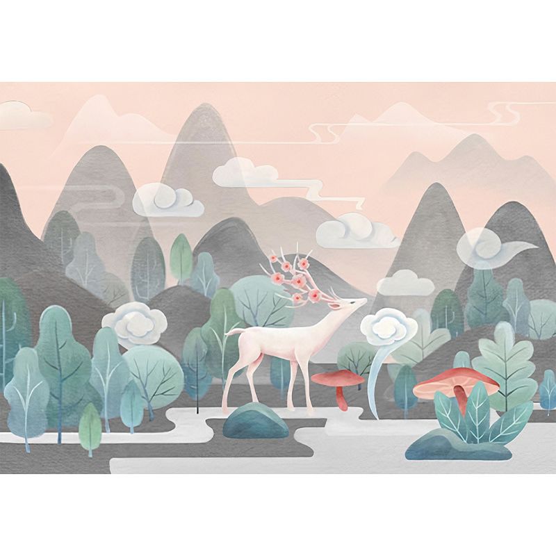 Contemporary Grey and Green Mural with Deer and Mountain Pattern for Commercial Use, Non-Woven Material