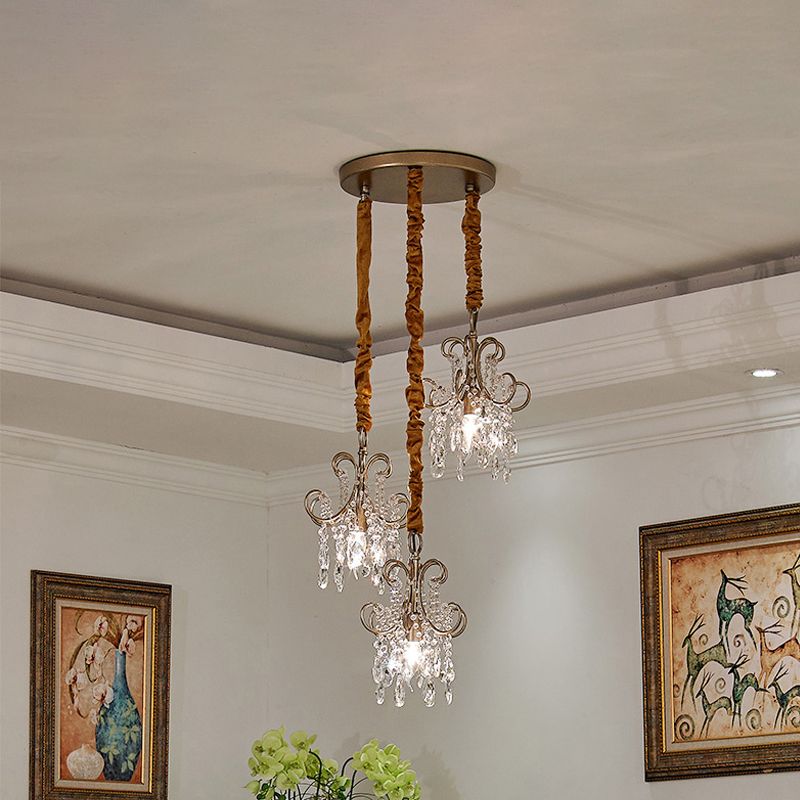Metal Curvy Arm Multi Pendant Light Simplicity 3 Heads Gold Ceiling Lighting with Crystal Strands