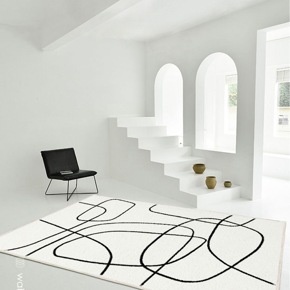 White Tone Casual Area Rug Polyester Lines Print Rug Non-Slip Backing Indoor Rug for Living Room