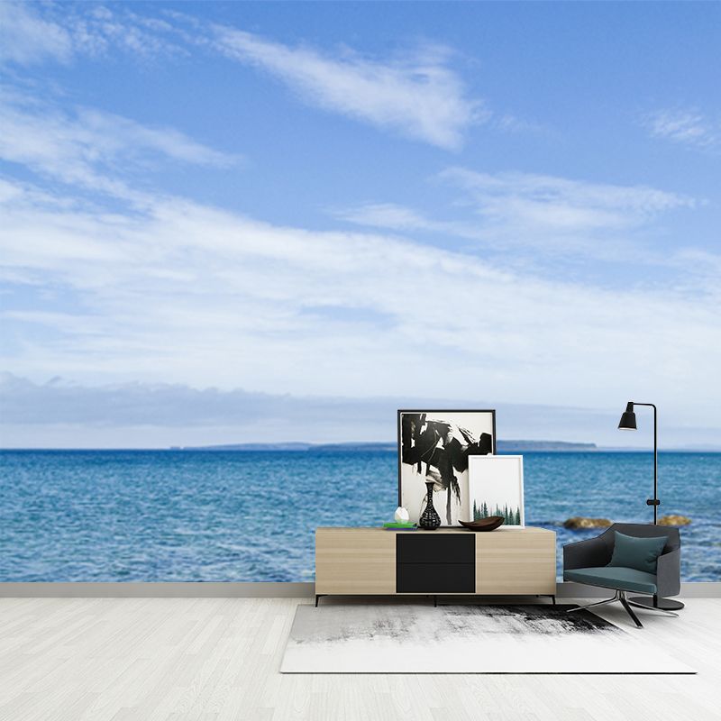 Tropical Sea Pebble Bay Mural Blue-White Moisture Resistant Wall Decor for Bedroom