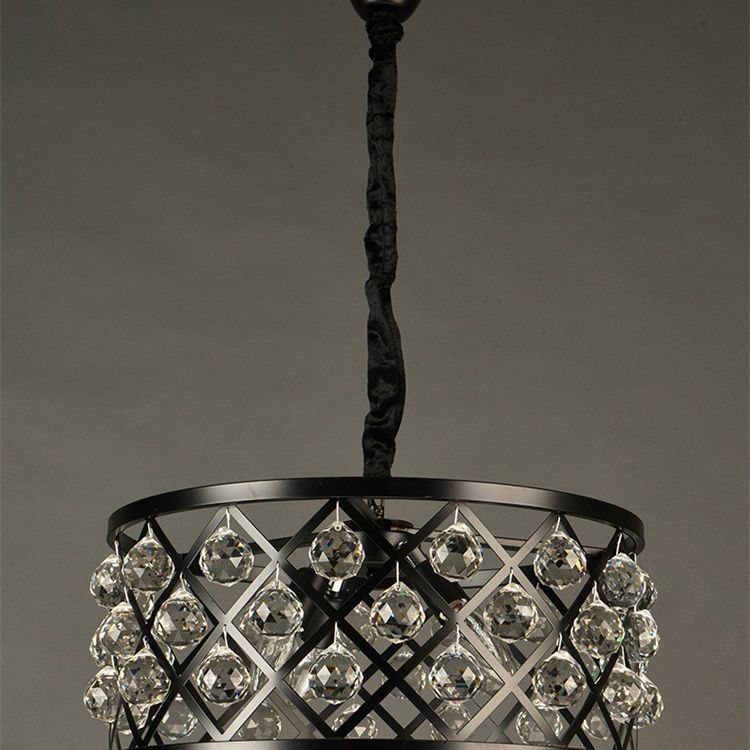 Drum Living Room Suspended Lighting Fixture Crystal Encrusted Modern Ceiling Suspension Lamp in Black