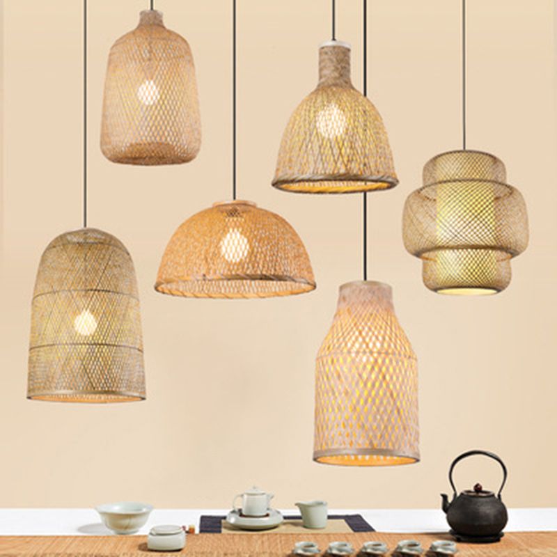 Wood Woven Suspension Lighting Minimalist Single Bamboo Pendant Ceiling Light for Restaurant
