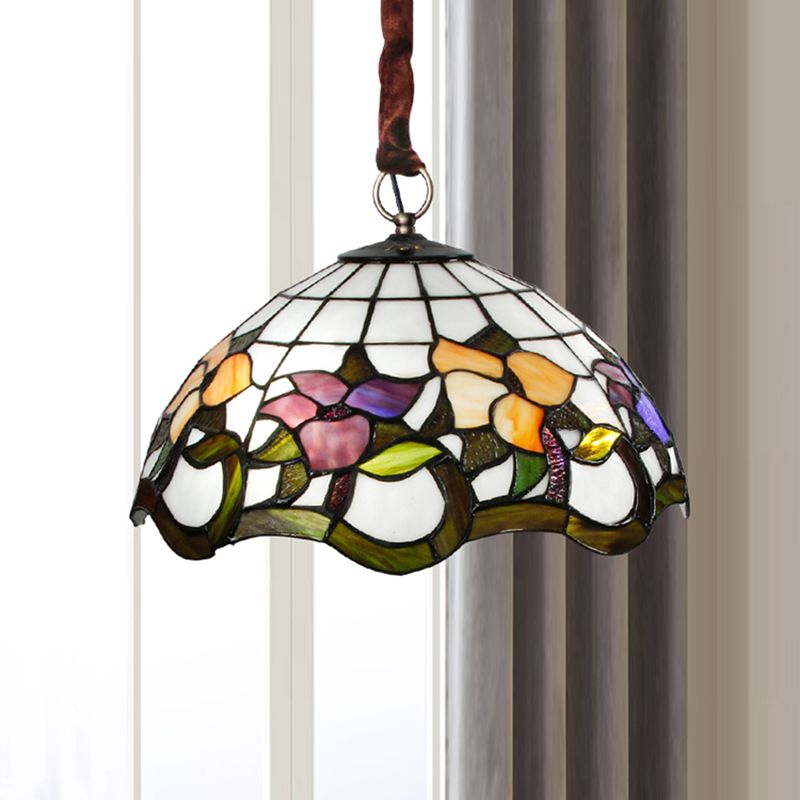 White 3 Heads Suspension Light Tiffany-Style Stained Glass Scalloped Chandelier Lamp