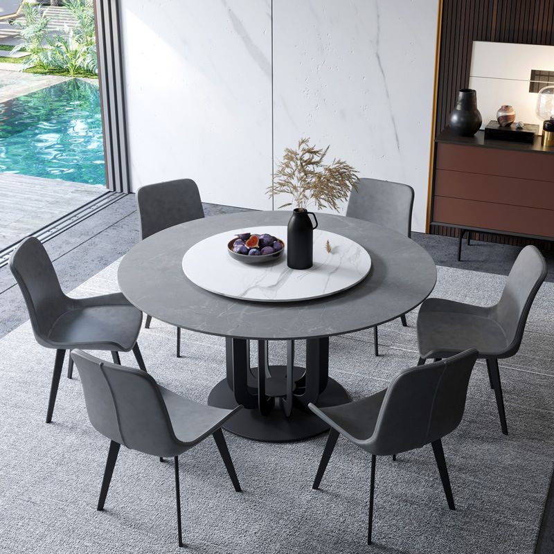 Round Stone Dining Table Modern Turntable Furniture with Pedestal Base in Matte Finish
