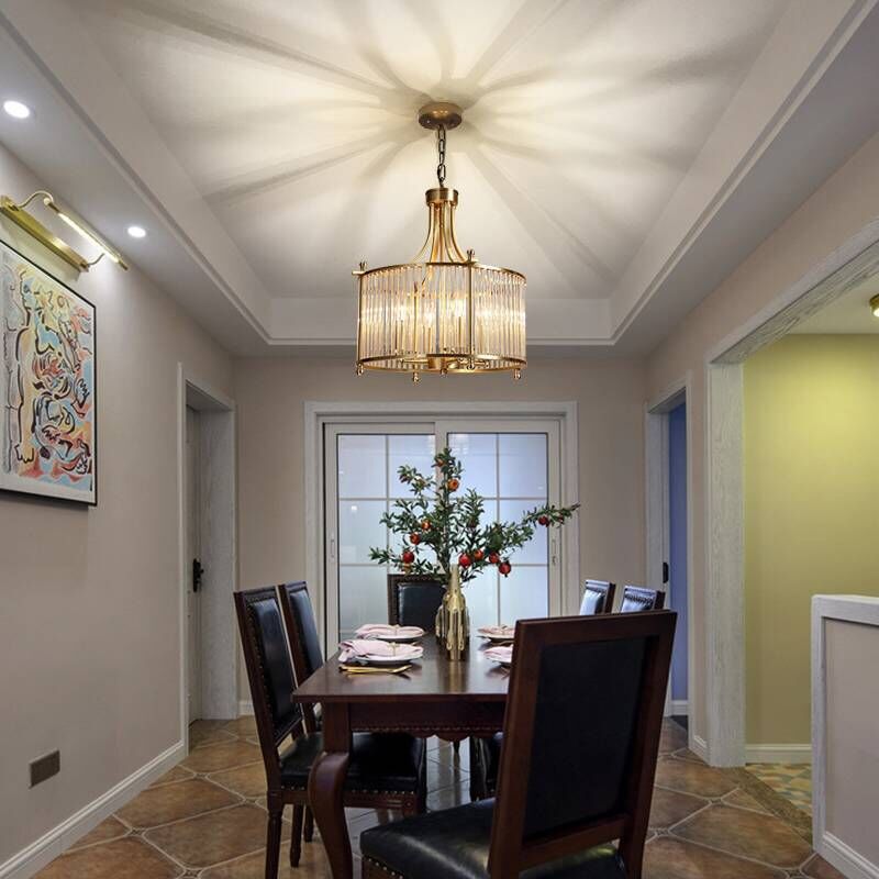 Drum Shaped Dining Room Chandelier Traditional Clear Glass Rod 4-Light Gold Ceiling Pendant