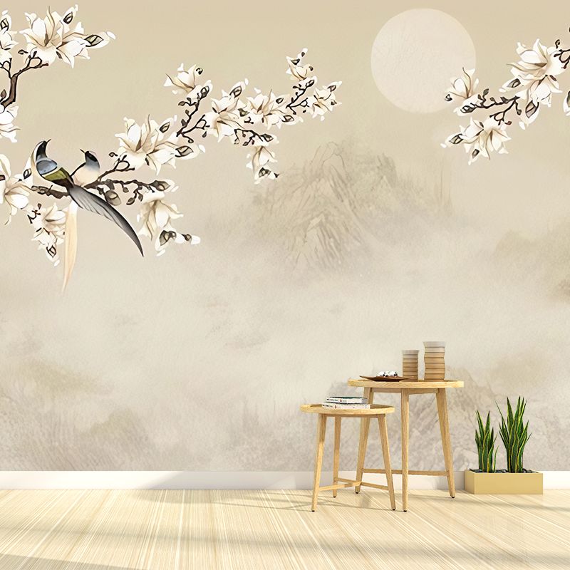 Asia Inspired Magnolia Wall Mural for Accent Wall, Personalized Size Wall Decor in Pastel Brown