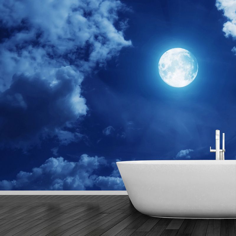 Blue-White Modernist Mural Decal Big Moon in Cloudy Night Sky Wall Covering for Home