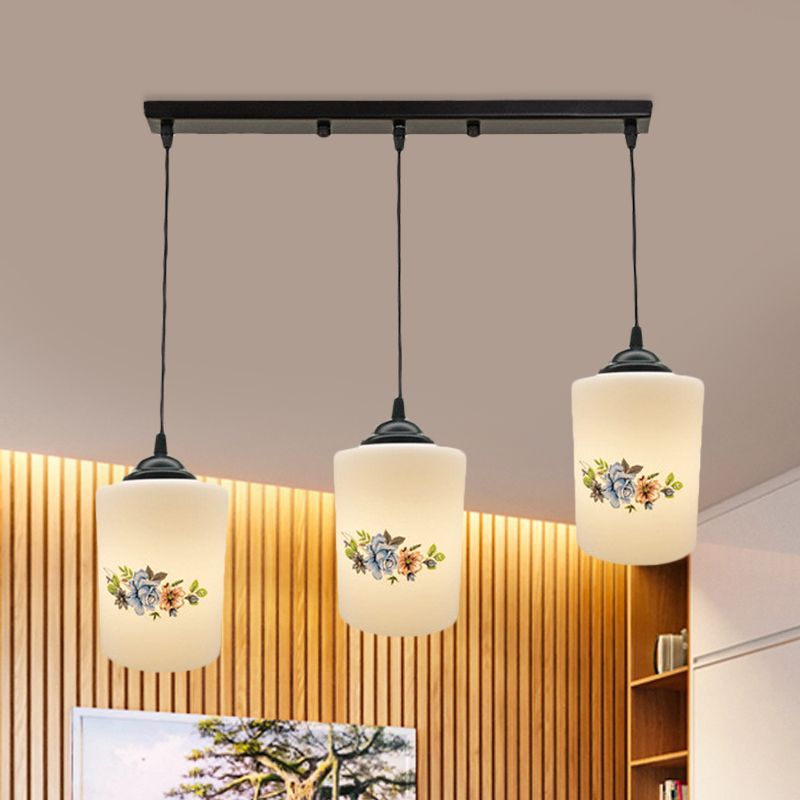 Cylinder Dining Room Multi Ceiling Light Modern White Printed Glass 3-Head Black Hanging Pendant with Linear/Round Canopy