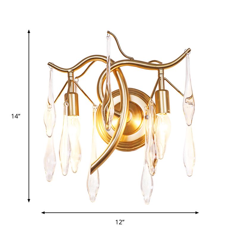 Retro 2 Heads Wall Lighting Ideas Gold Raindrop Wall Mount Light with Crystal Drop Shade