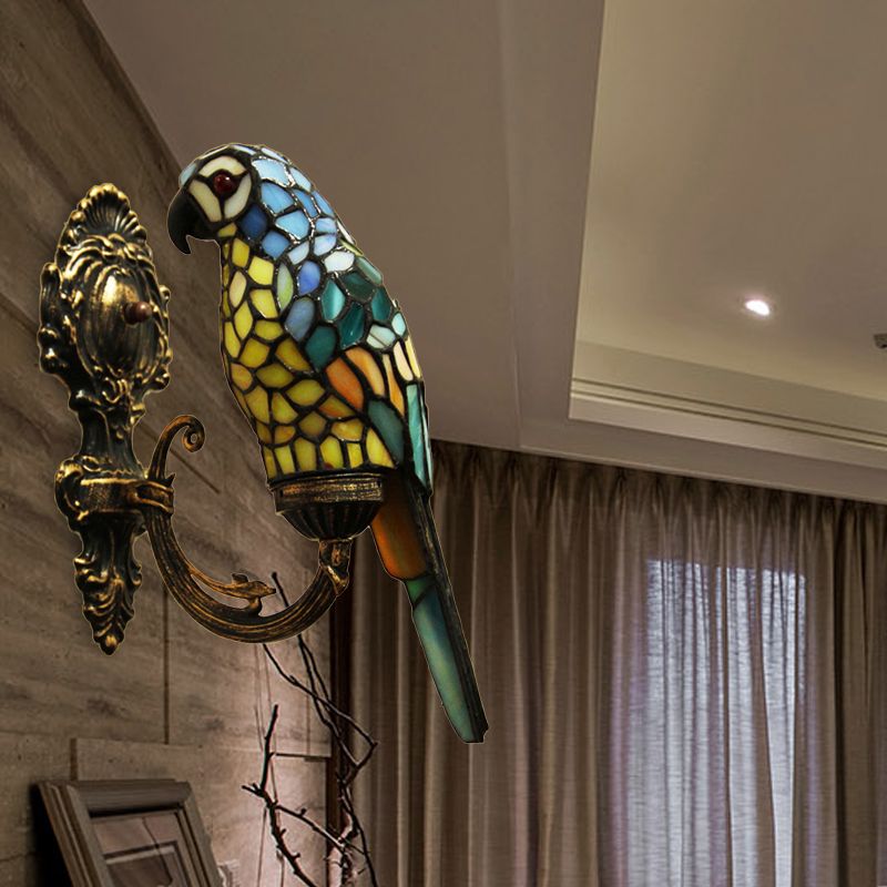 1 Light Parrot Wall Sconce Light Rustic Loft Stained Glass Wall Lighting in Red/Blue for Bedroom