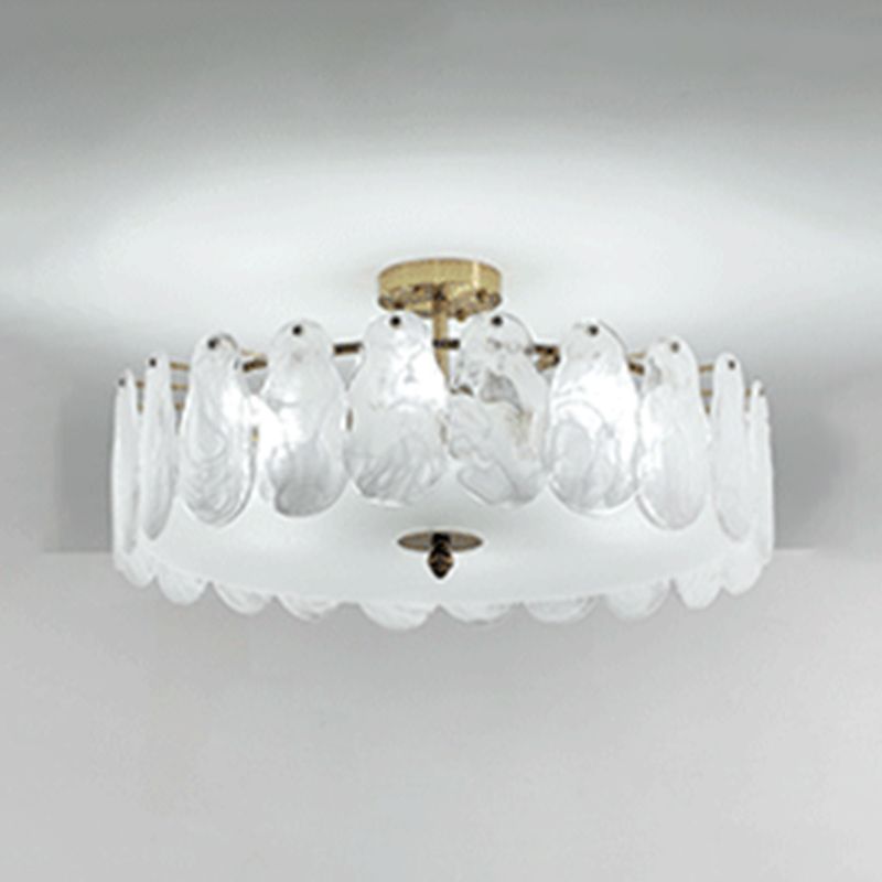 Gold Metal Semi Flush Mount Light Fixture Traditional Drum Bedroom Semi Flush Lamps with Glass Shade