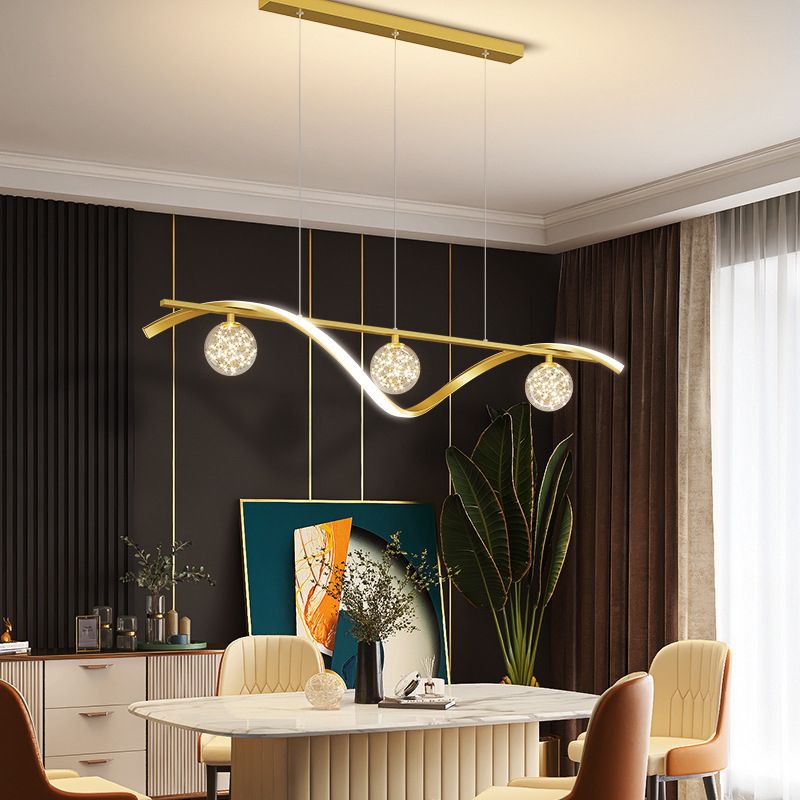 Modern LED Linear Ceiling Pendant in Black / Gold Metal and Glass Kitchen Island Light
