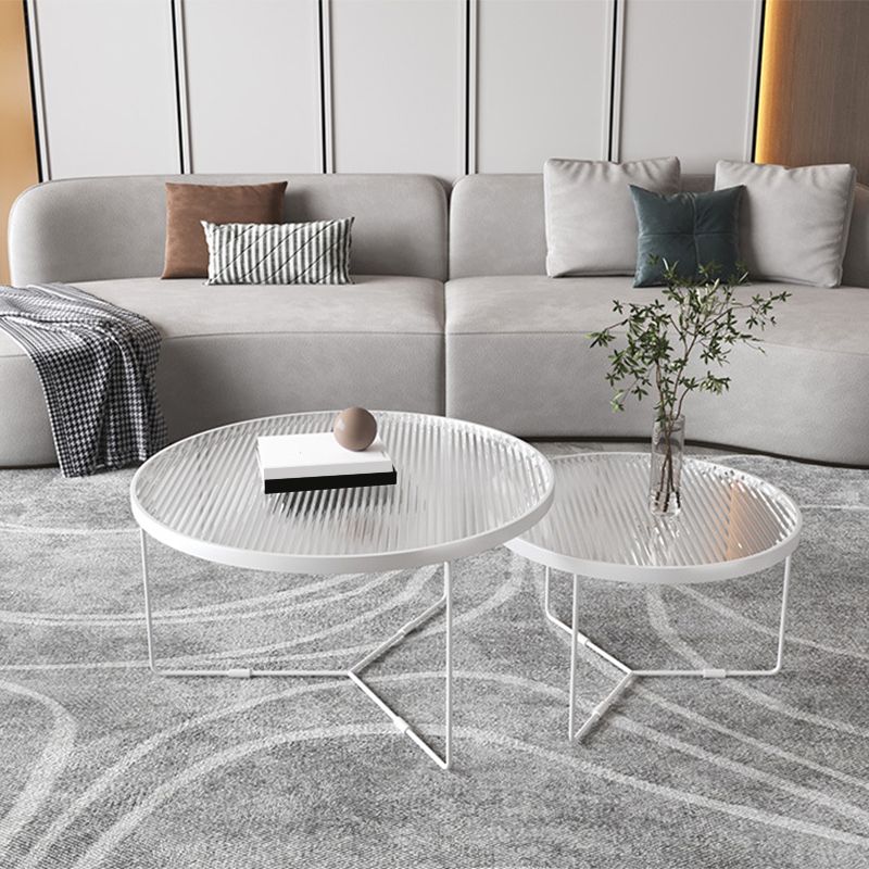 Contemporary Round Glass Top Metal Cross Legs Nesting Coffee Table