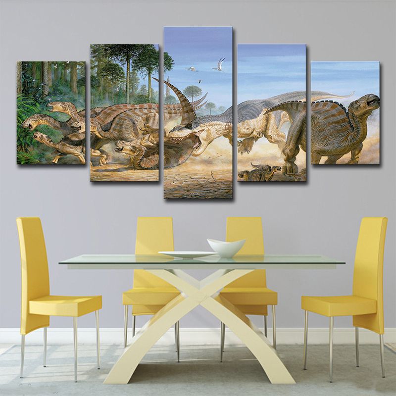 Science Fiction Dinosaur Wall Art Yellow Multi-Piece Canvas Print for Boys Bedroom