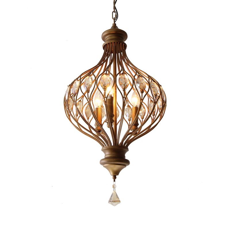 Traditional Ball Hanging Chandelier Metal 3 Bulbs Suspension Light in Brass with Crystal Teardrop