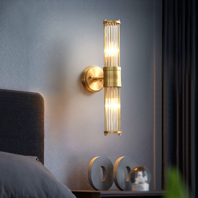 1 / 2 - Light Cylinder Wall Sconce in Gold and Clear Solid Brass and Glass Wall Light