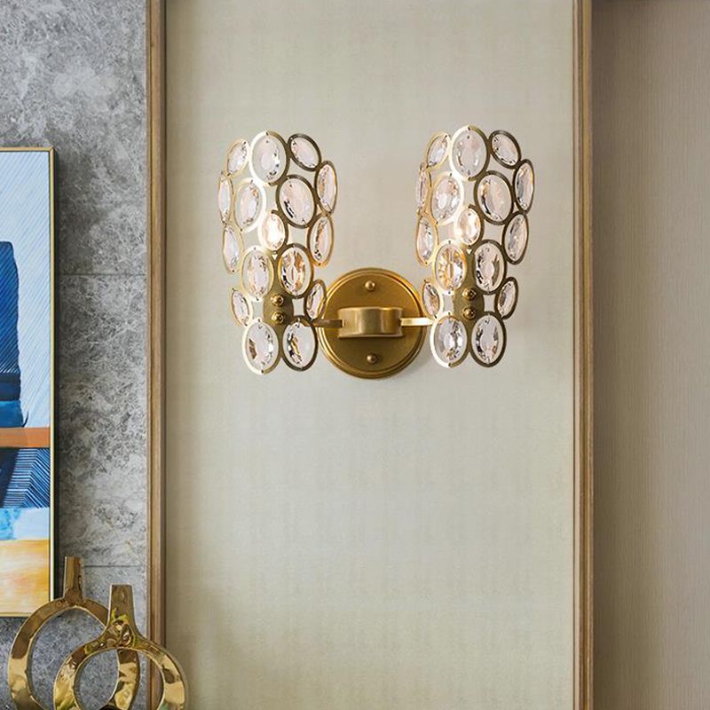 Round Wall Lamp Vintage Metal 2 Bulbs Gold Sconce Light Fixture with Curved Arm