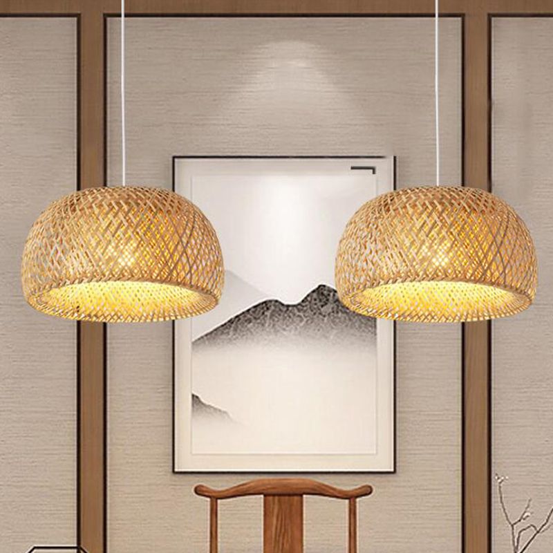 Cross-Weaving Dome Bamboo Pendant Lighting Chinese 1 Light Beige Hanging Ceiling Light over Table, 12"/14"/23.5" W
