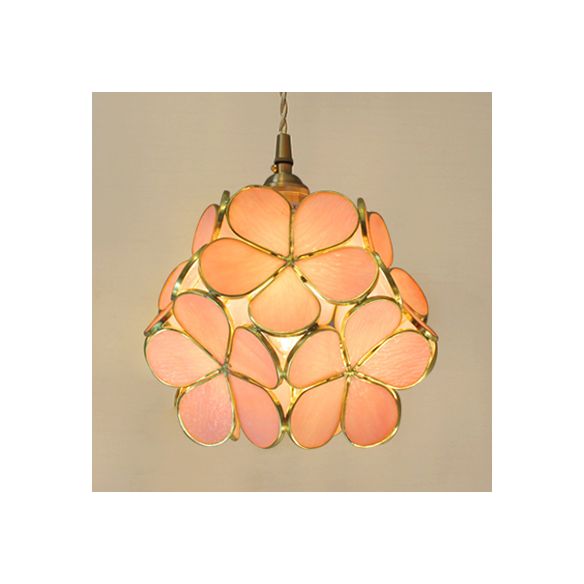 1 Light Flower Hanging Ceiling Light Tiffany Style Blue/Clear/Pink Stainless Glass Suspension Pendant Light