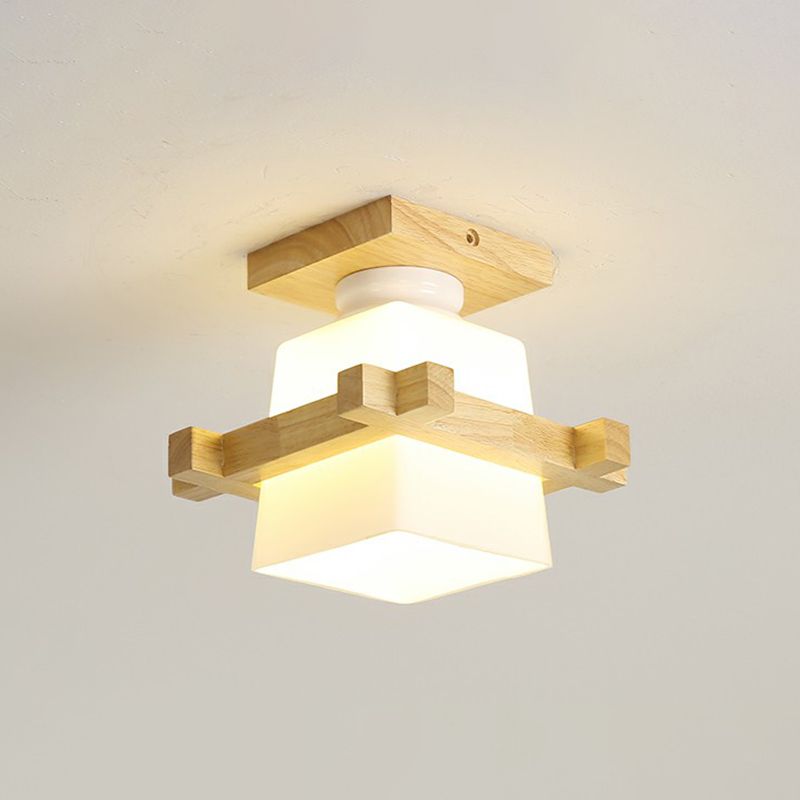 Small Aisle Ceiling Flush Light White Glass 1 Head Nordic Semi Mount Lighting in Wood