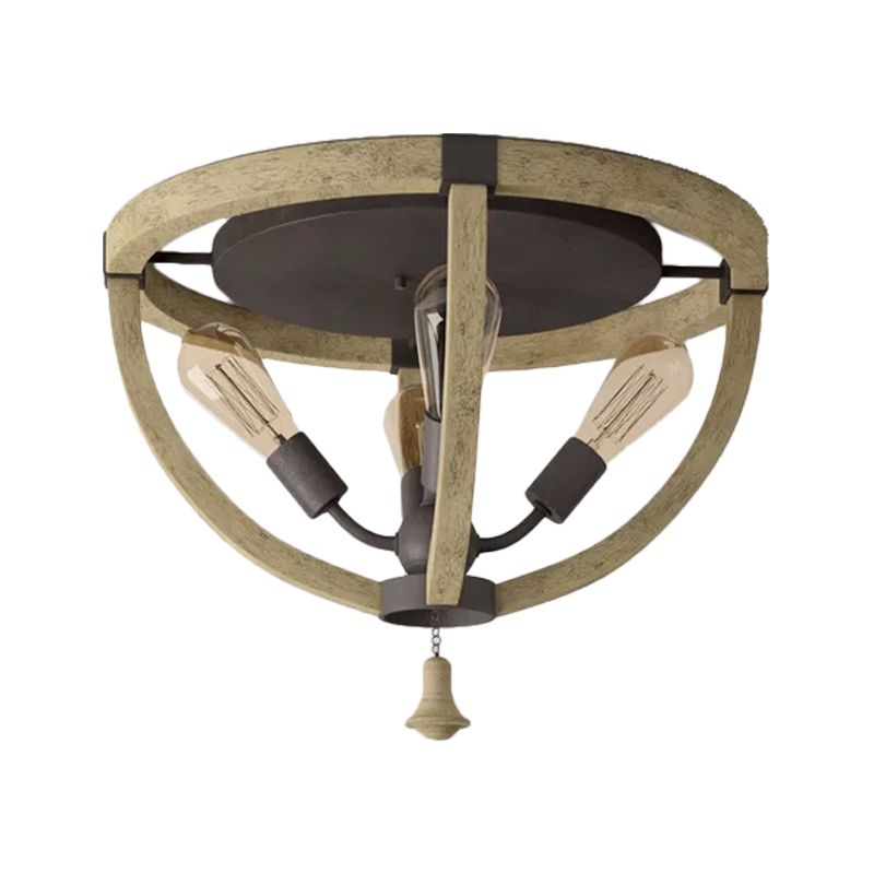 Wood Khaki Semi Mount Lighting Dome Frame 4-Bulb Warehouse Style Ceiling Flush Light