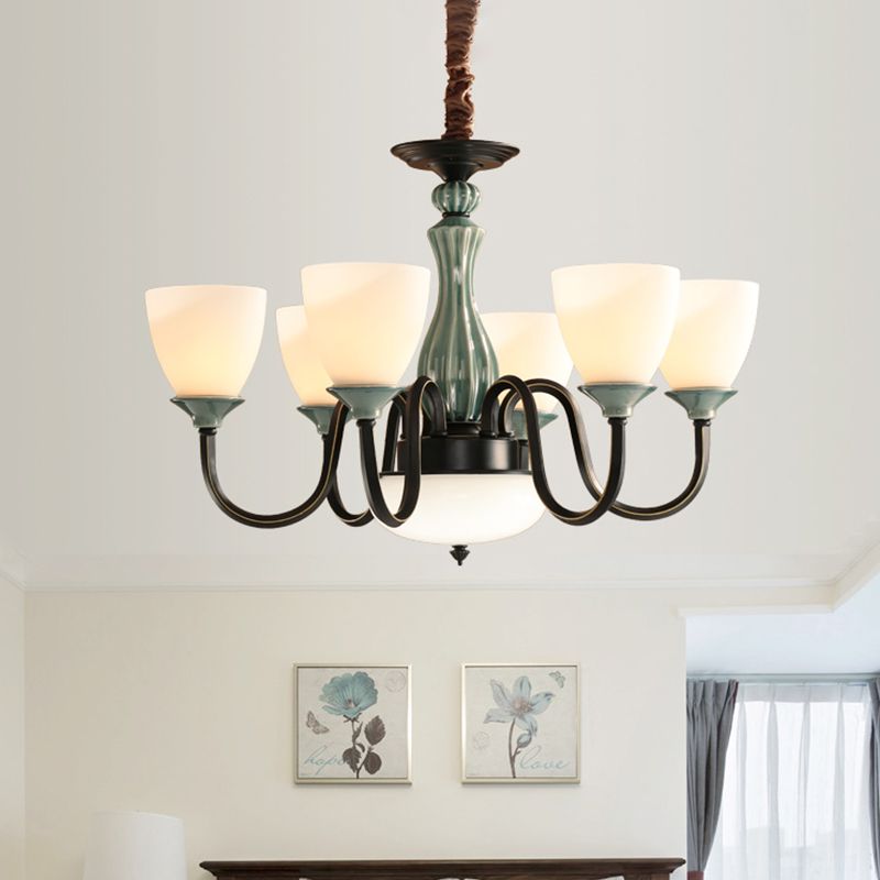 Green-Black Flared Shade Ceiling Chandelier Vintage Style Opal Glass 6/8-Head Dining Room Suspension Lamp