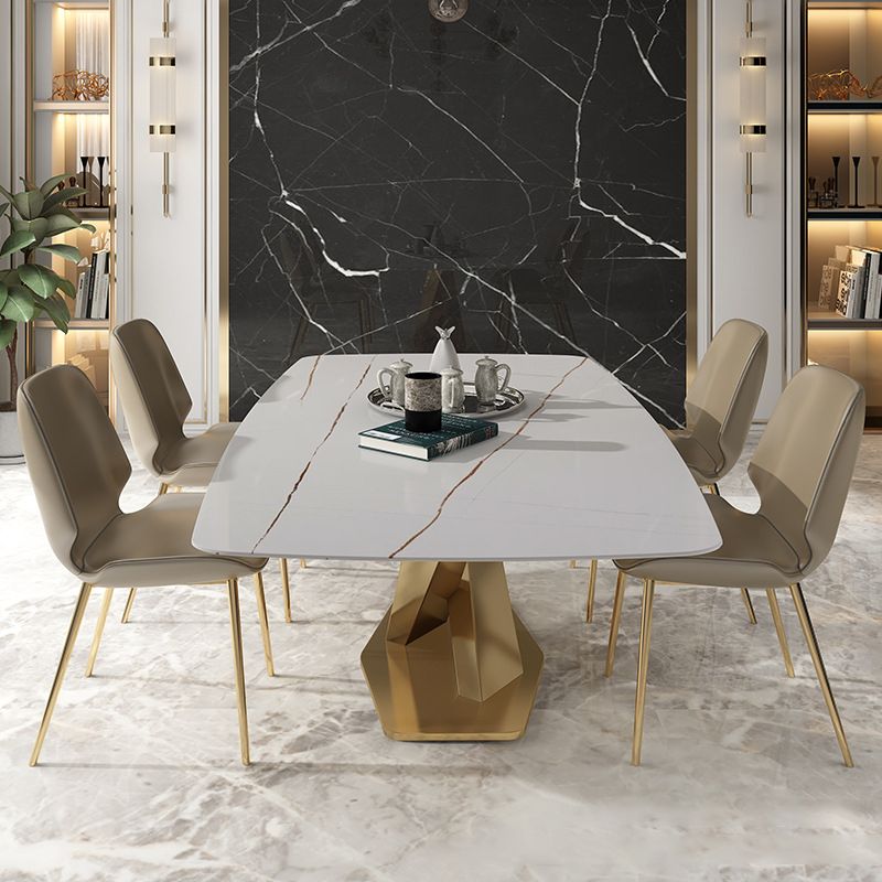 Mesa de comedor rectangular de lujo tradicional mesa de piedra sinterizada blanca con base de pedestal
