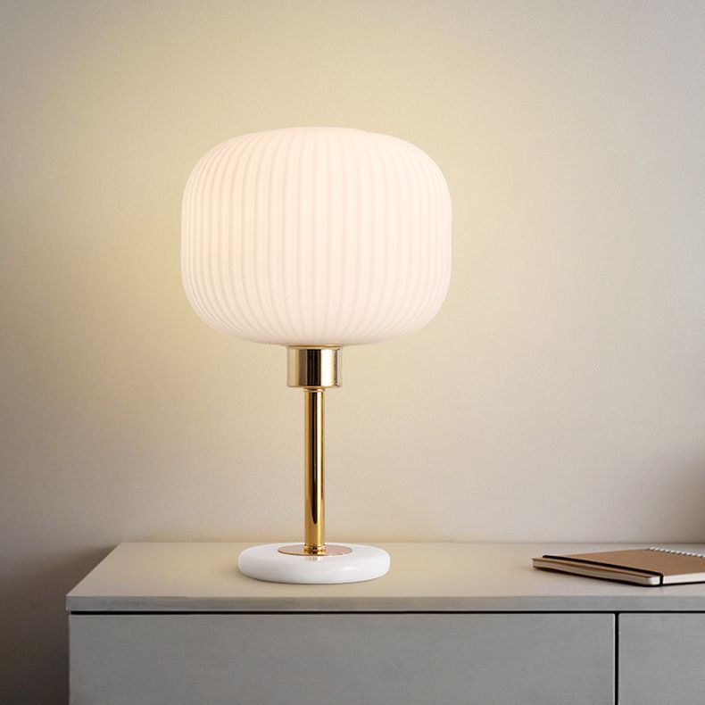 White Ribbed Glass Drum Shade Night Lamp Minimalist 1 Bulb Gold Table Light with Marble Base
