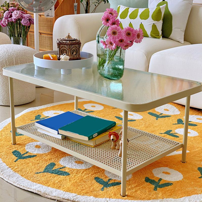Glass Top Coffee Table 4 Legs Coffee Cocktail Table with Shelf