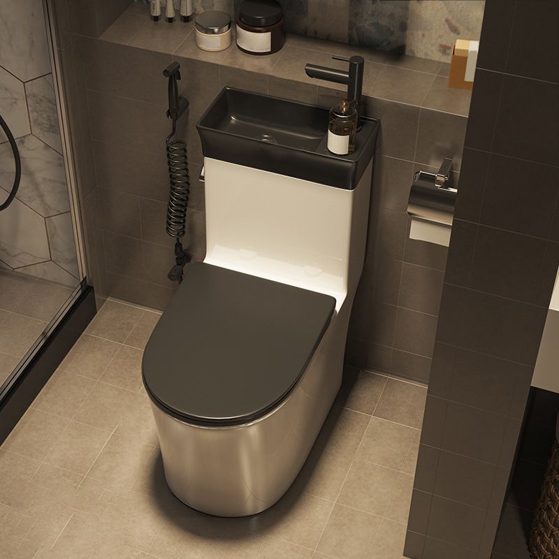1-Piece Elongated Flush Toilet Ceramic Toilet Bowl with Wash Basin
