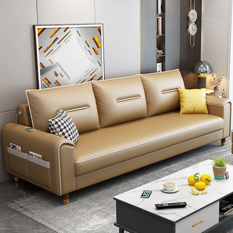 Nordic Leather Sofa with Bolster Pillows Single Cushion Seat Square Arm for Living Room