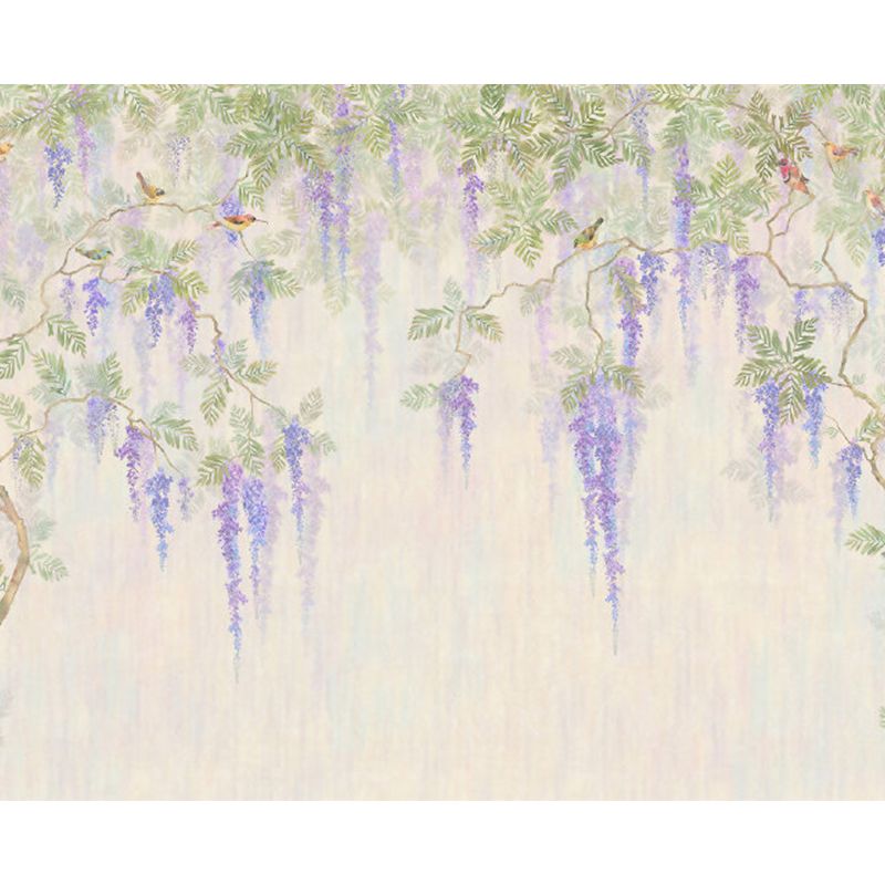 Full Size Illustration Modern Mural Decal with Flowers Trees and Birds in Soft Color