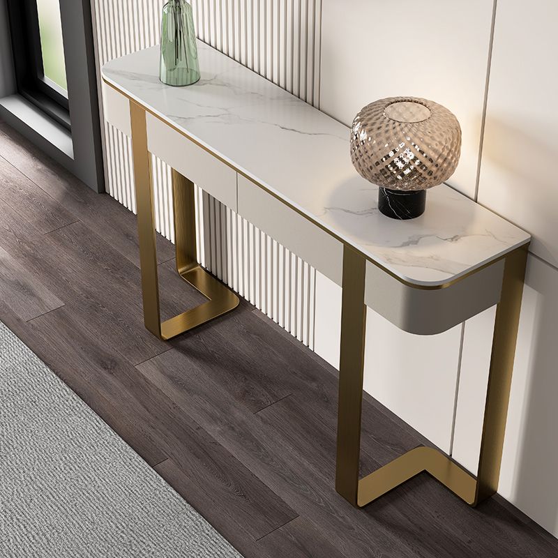 Modern Half Moon Console Table Stone Console Sofa Table in Gold/Grey