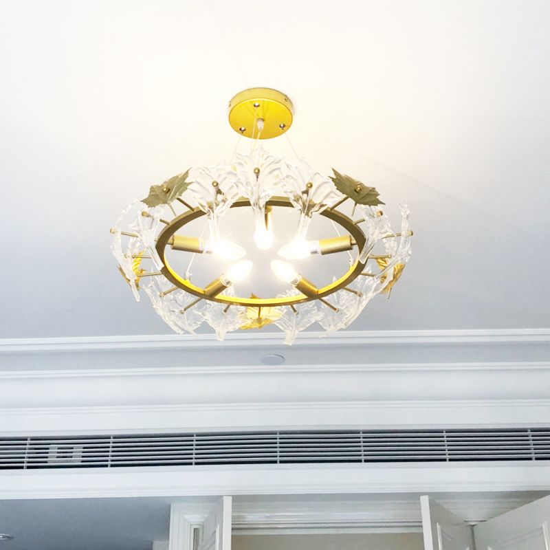 5 luces Luz de lámpara de araña con sala de estar colonial de cristal de arce lámpara colgante con anillo de oro