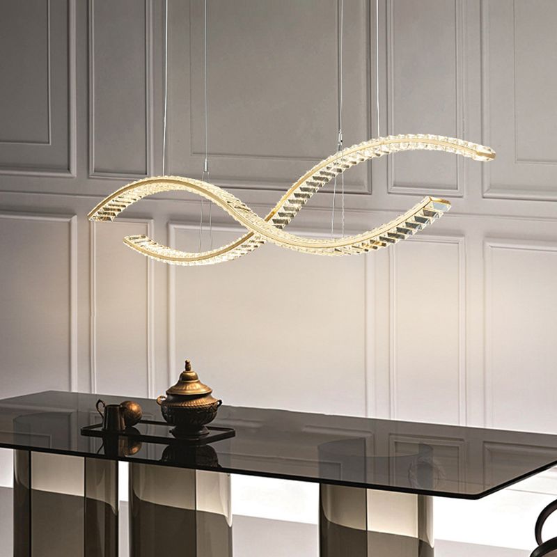 Modern LED Island Light Gold Wavy Crystal Suspension Light for Dining Room