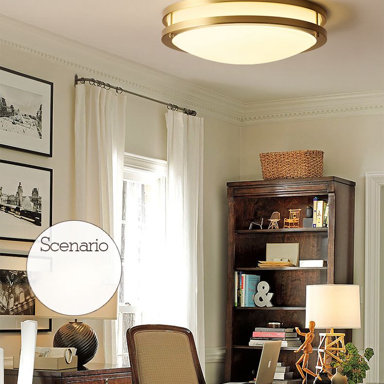 All Copper Round Simplicity LED Ceiling Light White Frosted Glass Shade Traditional Style Lighting Fixture in Gold