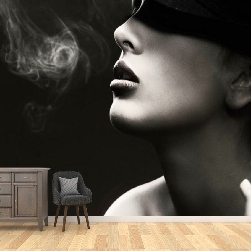Elegant Smoking Woman Mural Decal for Bedroom, Black-White, Custom Size Available