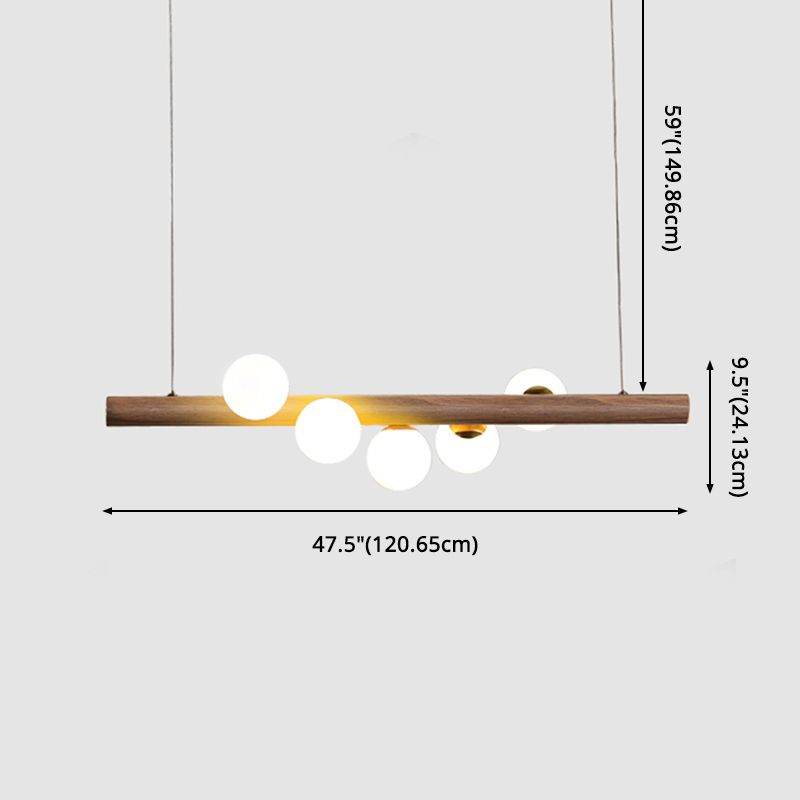 Faux Wood Design Modern Island Light White Glass Ball Shade Modern Hanging Lamp for Restaurants