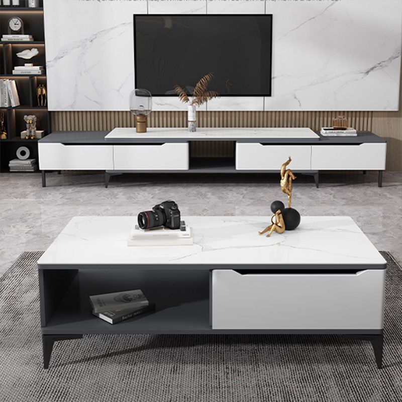 4 Legs Cocktail Table Rectangle Stone Single Coffee Table with Drawer
