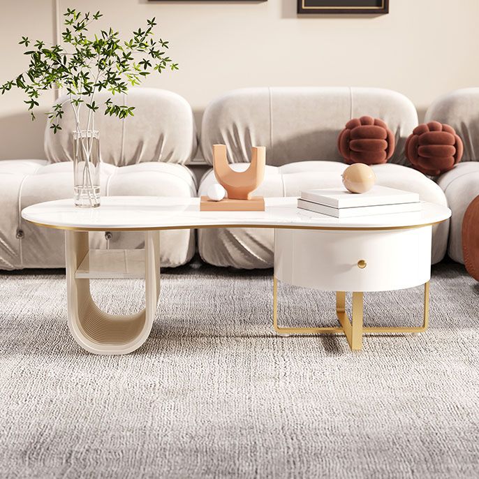 Modern Geometric Coffee Table with Drawer Stone Top Cocktail Table