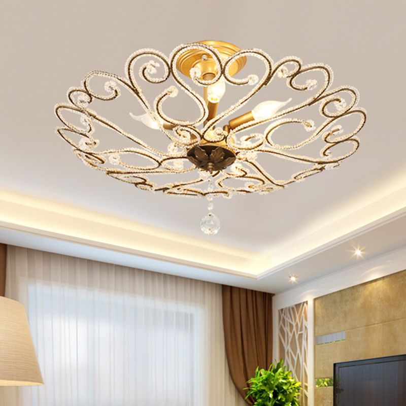 4/5-Light Bedroom Ceiling Flush Modernist Gold Semi Mount Lighting Fixture with Beaded Crystal Shade