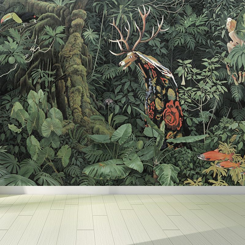 Green Tropical Plant Mural Wallpaper Moisture Resistant Wall Art for Living Room