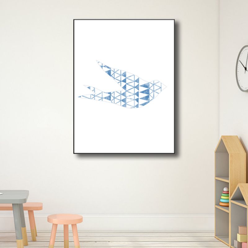 Kids Style Flying Bird Art Print Boys Bedroom Wall Decor in Blue on White, Textured