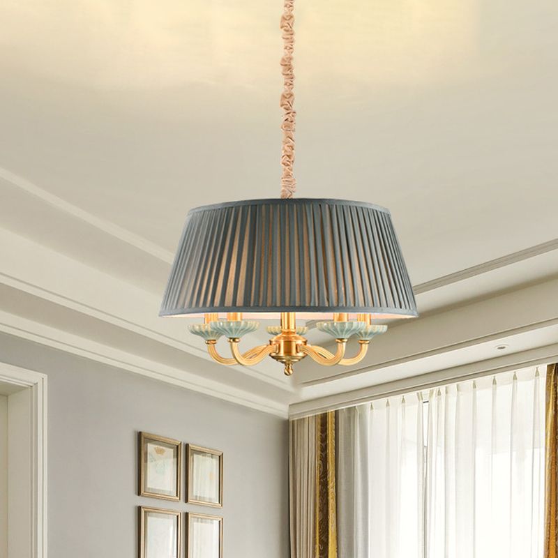 Kleur Gris Techo de 5 Luces Estilo Tradicional Luz de Araña met Pantalla en Forma de Tambor de Tela para Sala
