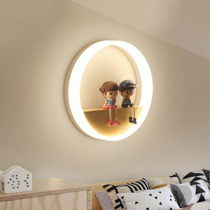 Circular Acrylic LED Wall Sconce Lighting Nordic Wooden Shelf Wall Lamp for Bedroom