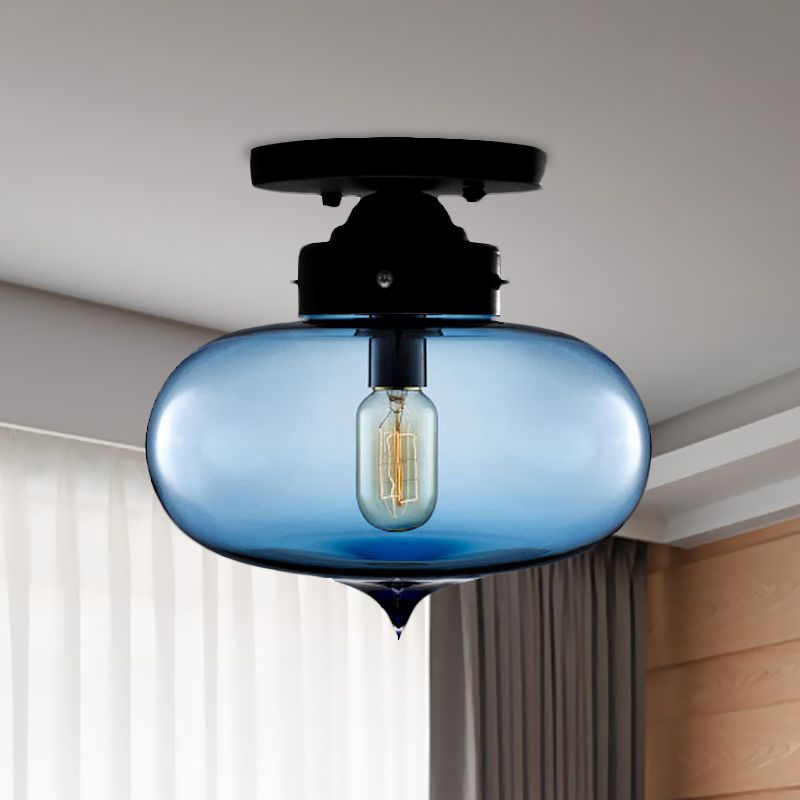 Black One Light Ceiling Mount Industrial Red / Brown / Amber Glass Oval Shade Semi Flush Light for Dining Room