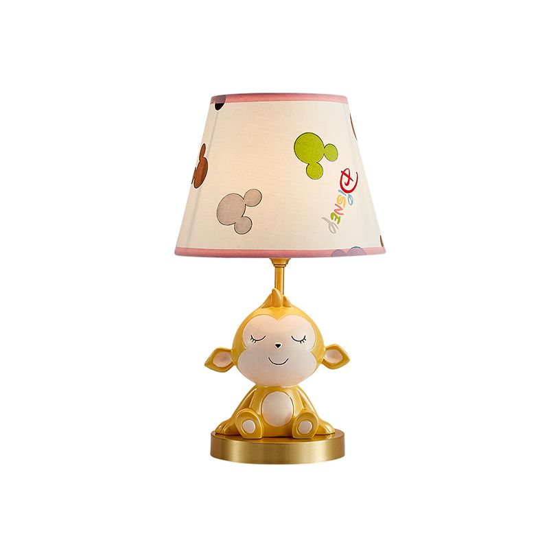 Cone Printed Fabric Nightstand Light Cartoon 1 Head White Table Lamp with Gold Monkey Base