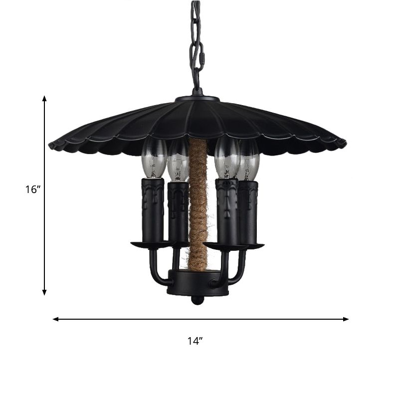 Wavy Pendant Light Retro Style Metal 4 Bulbs Candle Hanging Light in Black for Dining Room