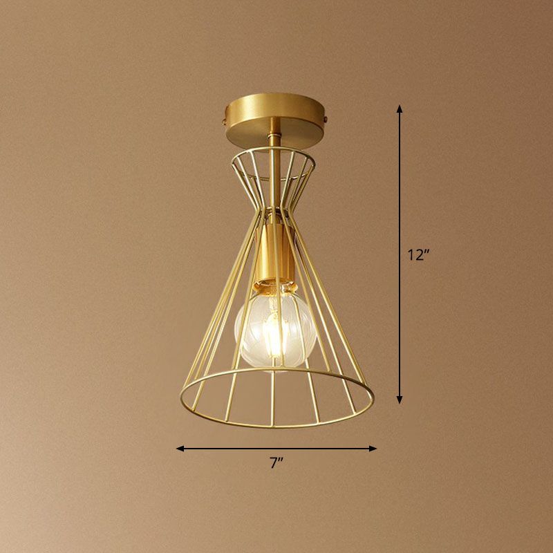Vintage Hourglass Semi Flush Ceiling Light Single-Bulb Metal Flush Mount Lighting Fixture in Gold