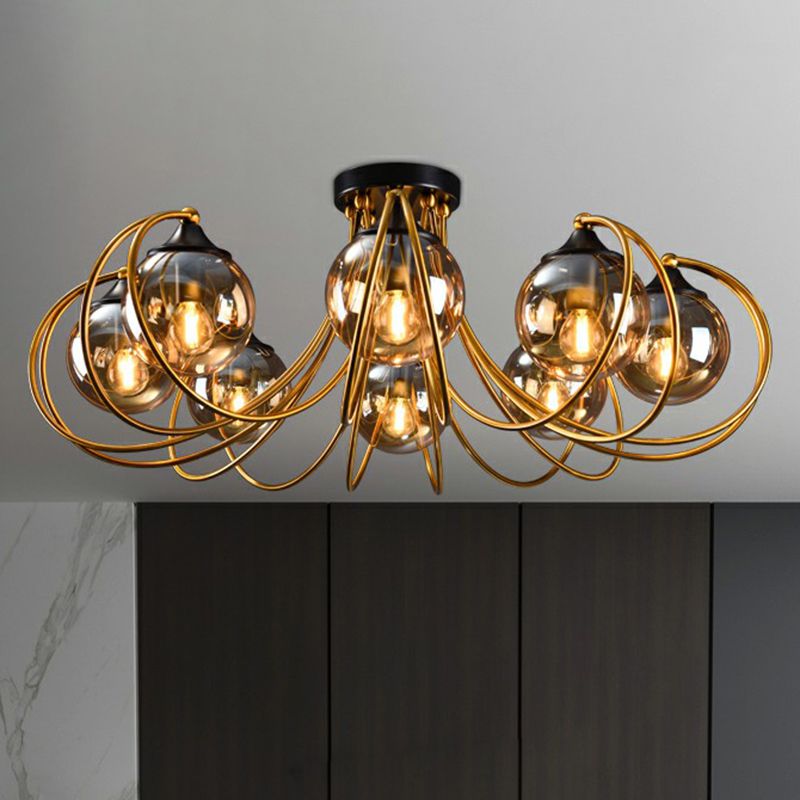 Brass Finish Floral Semi-Flush Ceiling Light Postmodern Glass Flushmount Lighting for Living Room